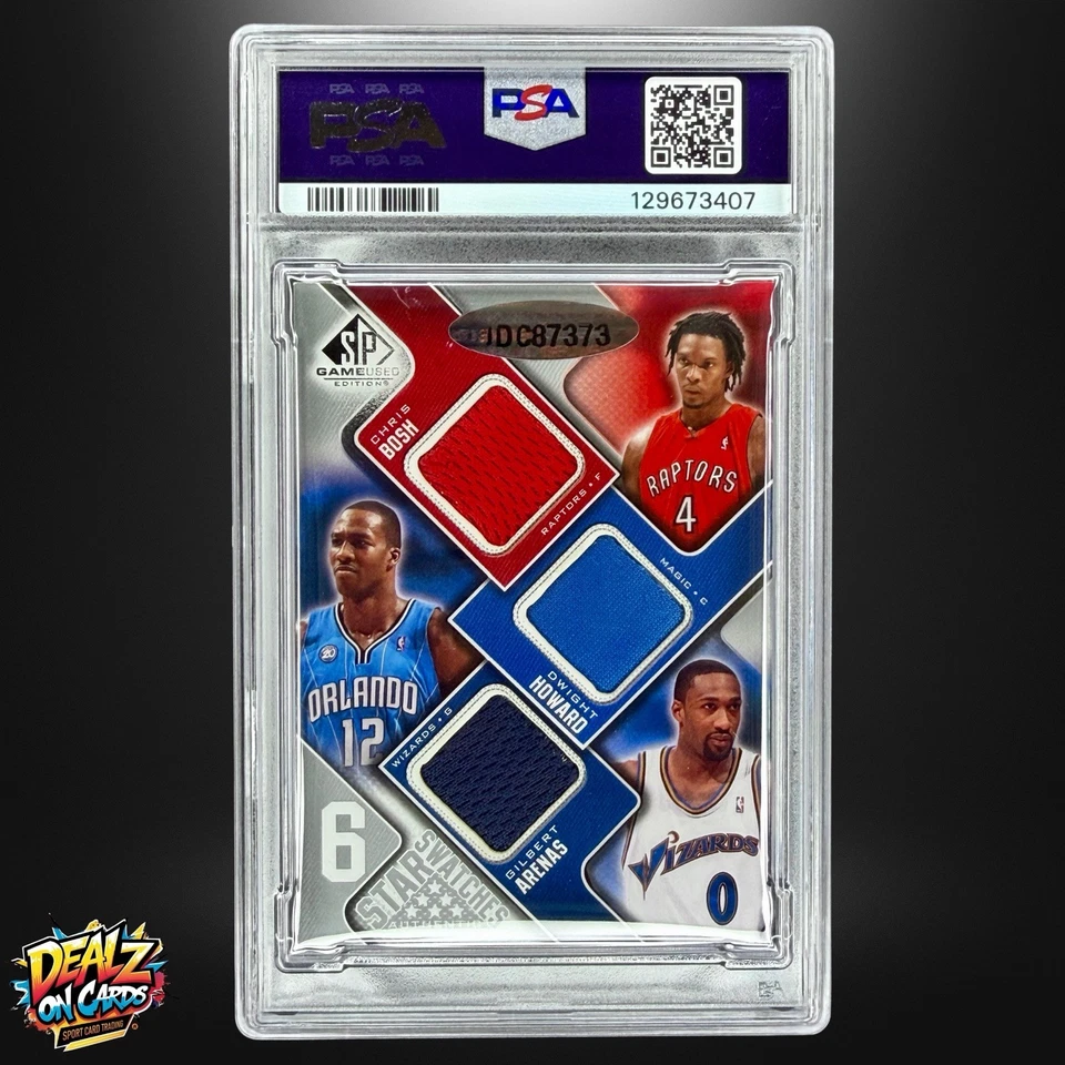 2009 SP LeBron James Dwayne Wade Bosh 6 Star Game Worn Jersey Swatches /99 PSA 8 - Image 2 of 3