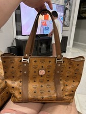 MCM Brown Visetos Monogram Tote Bag Silver Hardware Double Handles Det Strap