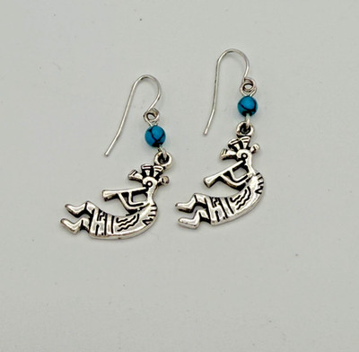 Kokopelli Turquoise Bead Dangle Earrings Silver Tone Southwestern Style 1.75 