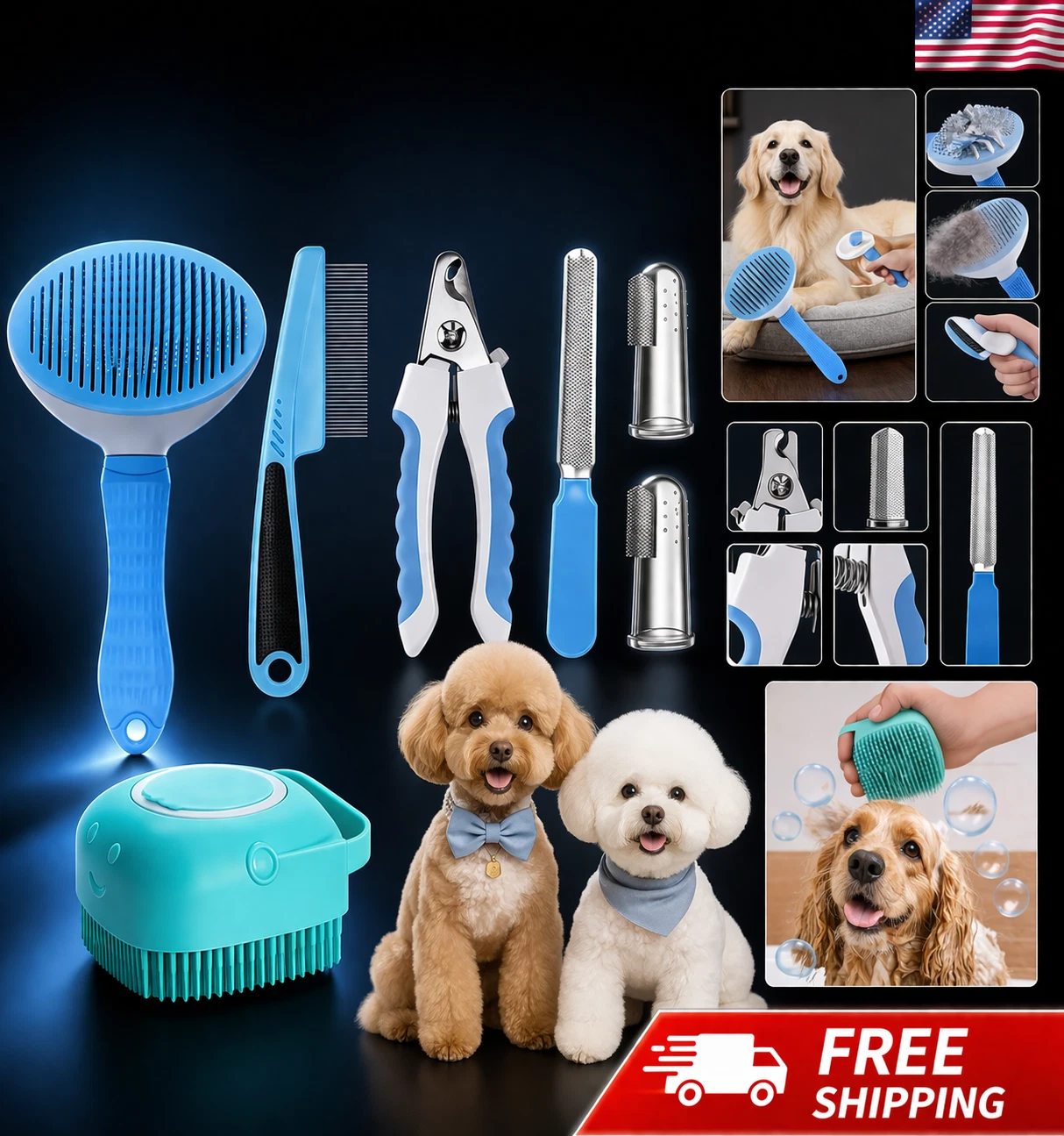 👉 7PC Pet Grooming Kit Self-Cleaning for Dogs & Cats Blue Set