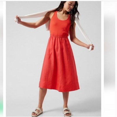 baja linen midi dress Athleta Baja Linen Midi Dress Size M Passion Fruit Bright Summer Halter  Comfort