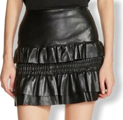 Maje Julia Black Leather Flounce Layered Skirt Size 38/XS NWT 