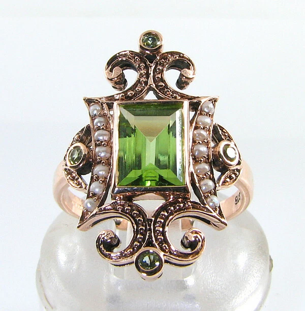 Anillo Cluster 9ct Oro Rosa Peridoto y Perla Art Déco Cocktail Talla Gratis O