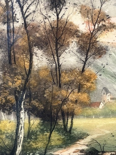 Vintage Hand Colored Tinted Etching River Village Landscape Pencil Signed - Picture 17 of 23