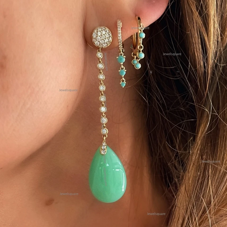Trio Turquoise & Real Diamond Drop Huggies Earrings 14k Gold Shake Drop Earrings - Image 2 of 4