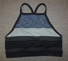 prAna women's black/gray/white print stretch padded racer-back sports bra Sz M