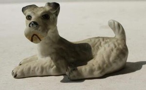 Wire Hair Terrier Dog Figurine Lying Down Black White Ceramic Hand Painted ---