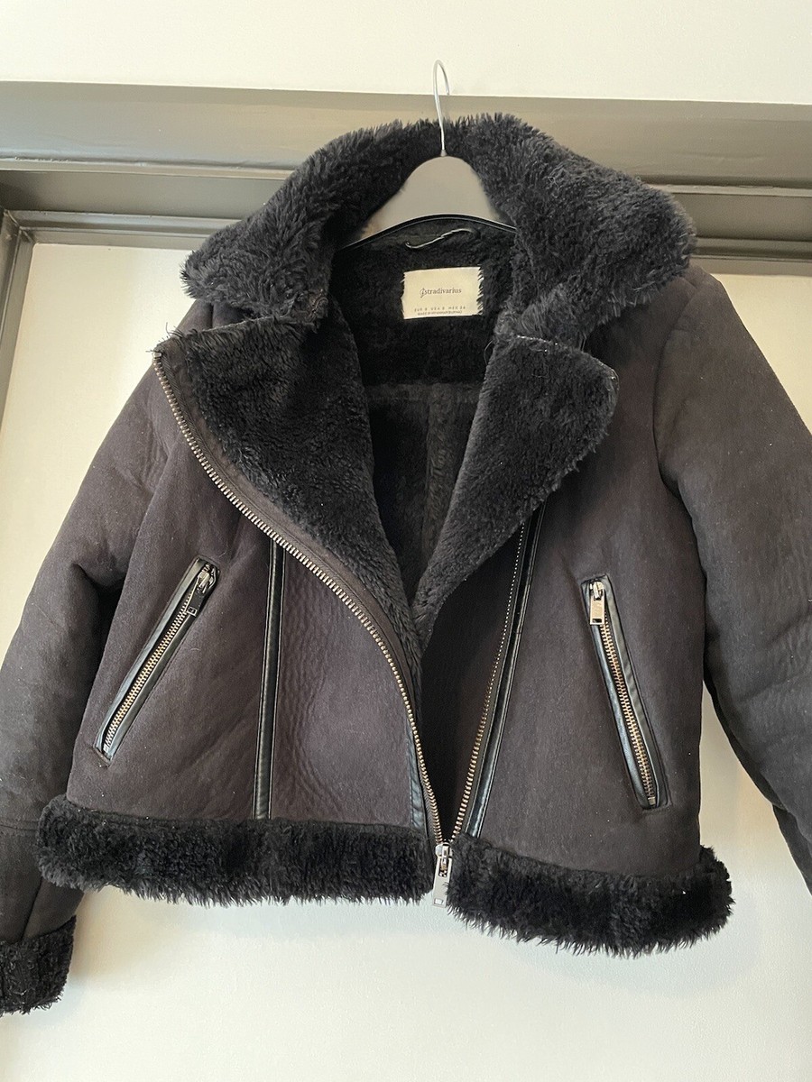 STRADIVARIUS Faux Suede Fur Trim Asymmetric Zip Shearling Cropped