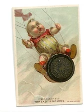 Victorian Trade Card WILLIMANTIC THREAD Booming boy riding spool 