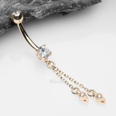 14 Karat Gold Double Chained Sparkle Dangle Belly Button Ring