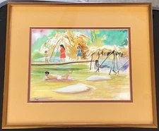 Vintage Watercolor Painting on Beach Signed Jorge
