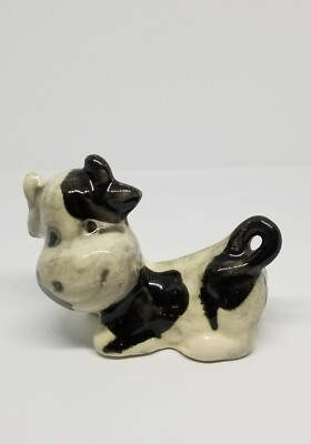 Handmade Black & White Smiling Cow Small Ceramic 3'' Figurine Farmhouse Decor 