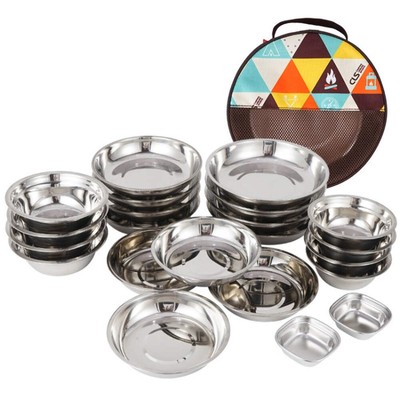 22 Pcs Set Portable Stainless Steel Dinner Plate Outdoor Camping Cutlery (Silver