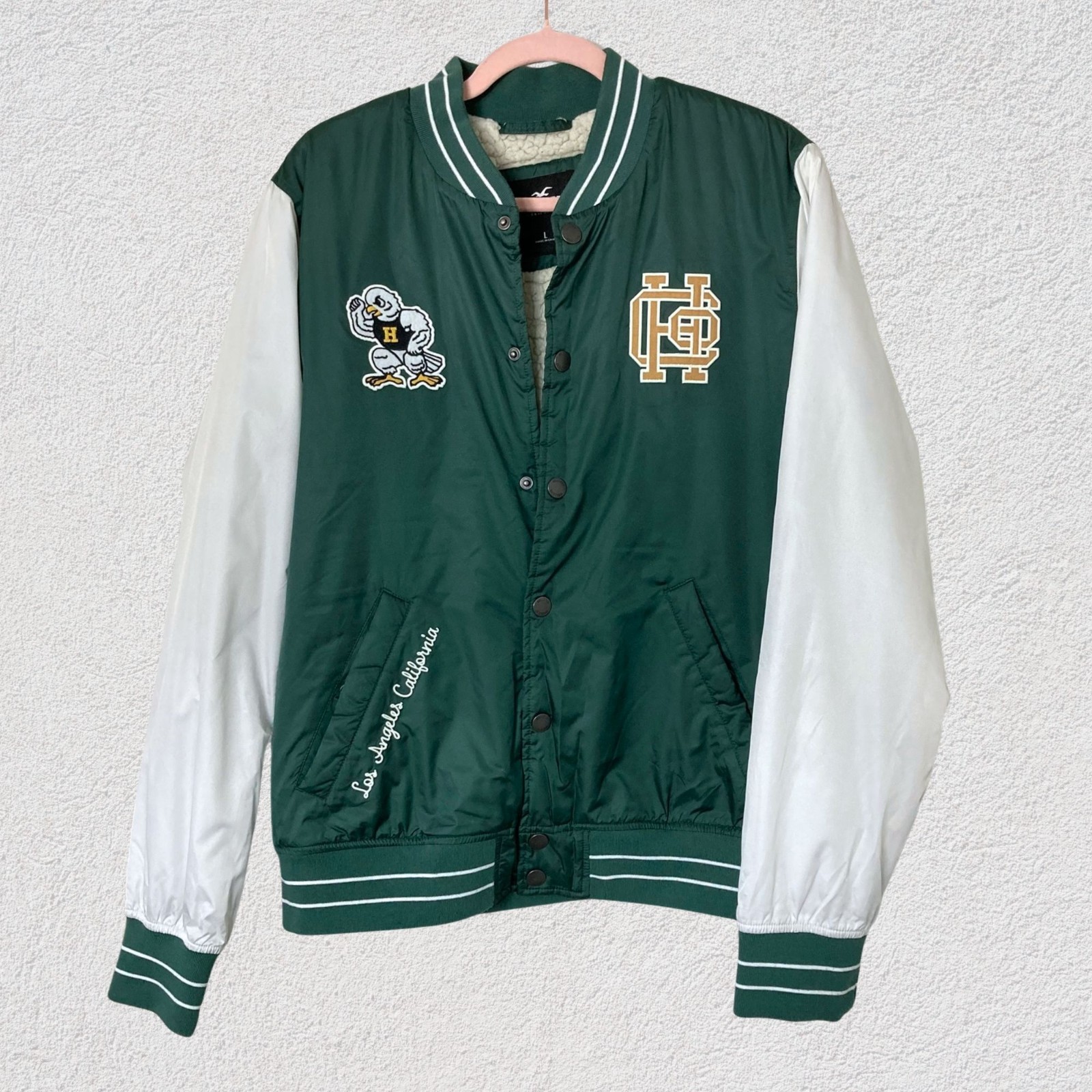 Hollister Men L Green White Varsity Jacket Sherpa Lined Los Angeles Patch Coat