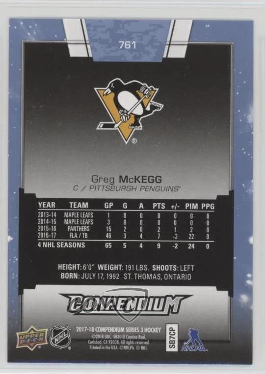 2017-18 Upper Deck Compendium Blue Greg McKegg #761 - Image 2 of 2