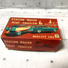 SSS International Tin Station Wagon Boat Trailer Friction Toy Car Vintage