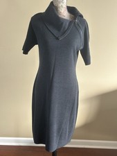 CALVIN KLEIN Dark Grey Sweater Dress L Cowl Neck Zip Detail Elbow Sleeve