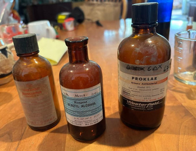 3 Vintage Rx  bottles Hyoscyamus (Sharp & Dohme) Benzyl alcohol (Merck) Proklar