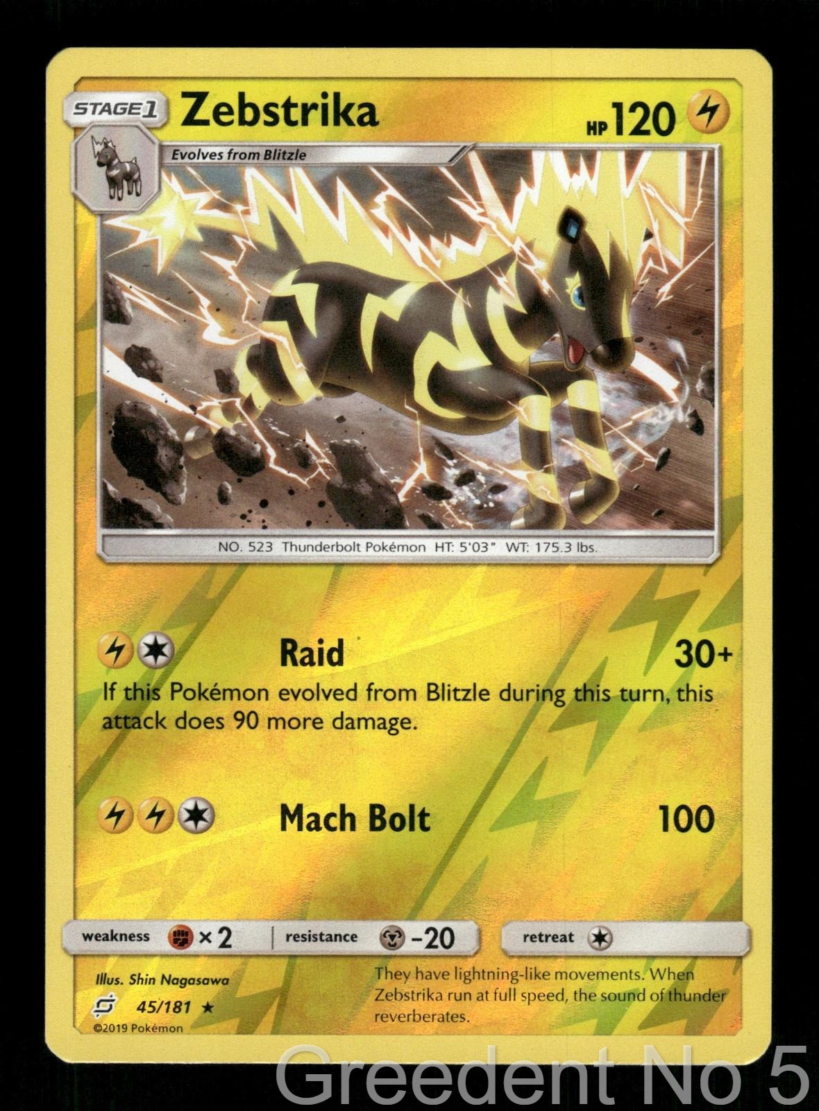Zebstrika 45/181 Rare Team Up Pokemon Reverse Holo Lightly Played
