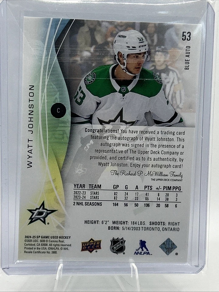2022-23 SP Game Used Wyatt Johnston Blue Auto Rookie RC Dallas Stars #53 - Image 2 of 2