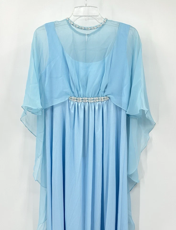 Maxi Vestido Vintage Años 60 EMMA DOMB Vestido Gasa Cuentas Capa Noche Fiesta Azul S M Foto 3 de 4