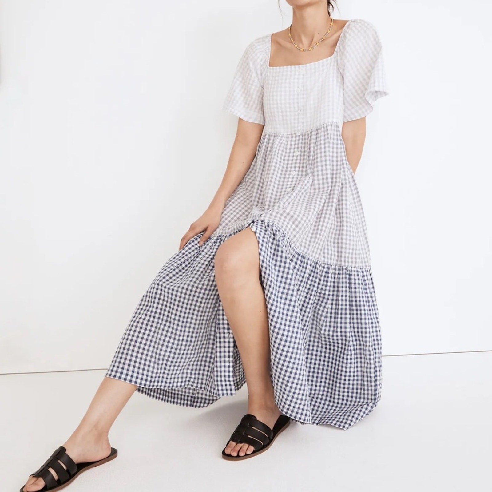 Madewell Patchwork Gingham Button-Front Tiered Mi… - image 2