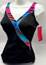 NWT Roxanne Black Stripe One Piece Swimsuit V neck Size 12, 34D cup 80 s 90 s