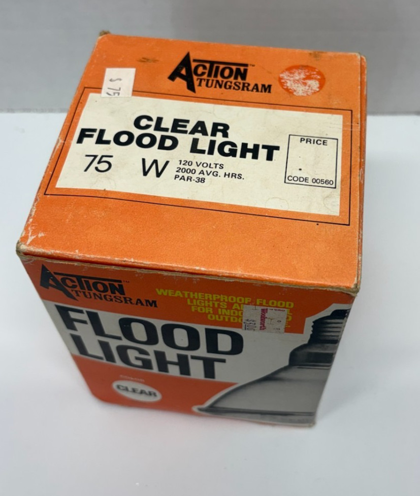 Vintage Action Tungsram 75 WATT FLOOD LIGHT CLEAR NEW IN ORIGINAL BOX