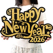 Happy New Year 2026 Black and Gold Wooden Hanging Sign Decorations, 2026