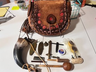 VINTAGE LEATHER MUZZLE LOADER BAG SHOOTER BAG AND LOTS TOOLS
