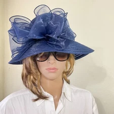 Forbusite Wide Brim Hat OS adjustable with w Large Bow Derby Church Navy blue