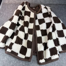 Sherpa Checkered Brown Cream Classic Jacket Blazer Coat Women's Large Soft Cozy