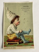 VICTORIAN TRADE CARD STOCKING CAP SHEFFER’S BOOTS & SHOES ALBANY NY c1880s A98