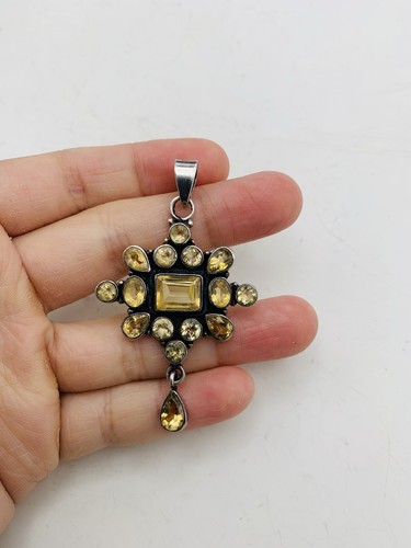 Vintage Sterling Silver Yellow Citrine Gemstone Multi Gemstone Starburst Pendant - Picture 6 of 20