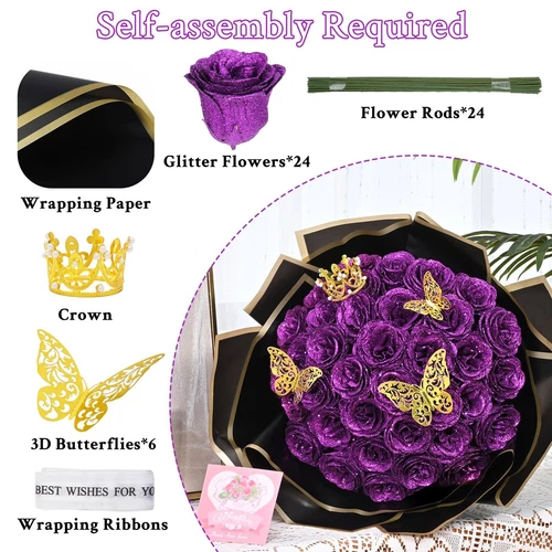 Glitter Roses Bouquet, DIY Fake Glitter Flowers Bouquet, Everlasting Shiny Ar... - Picture 3 of 7