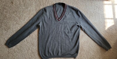 GUCCI MENS SWEATER GRAY WOOL WITH WEB STRIPE TRIM V-NECKLINE sz