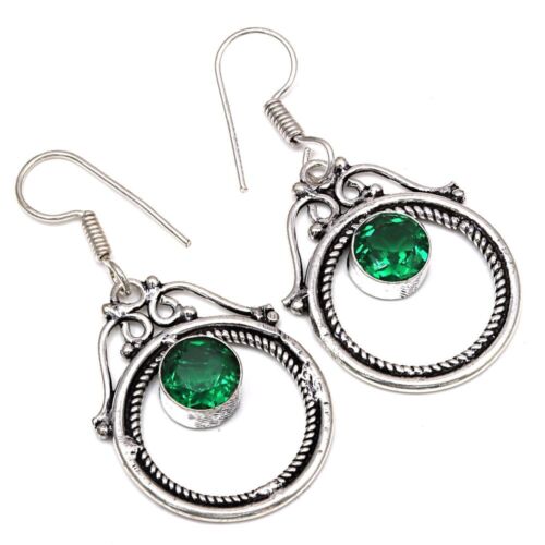 Emerald Quartz Gemstone Handmade Gift For Her 925 Silver Jewelry Earrings 2" - Picture 1 of 5