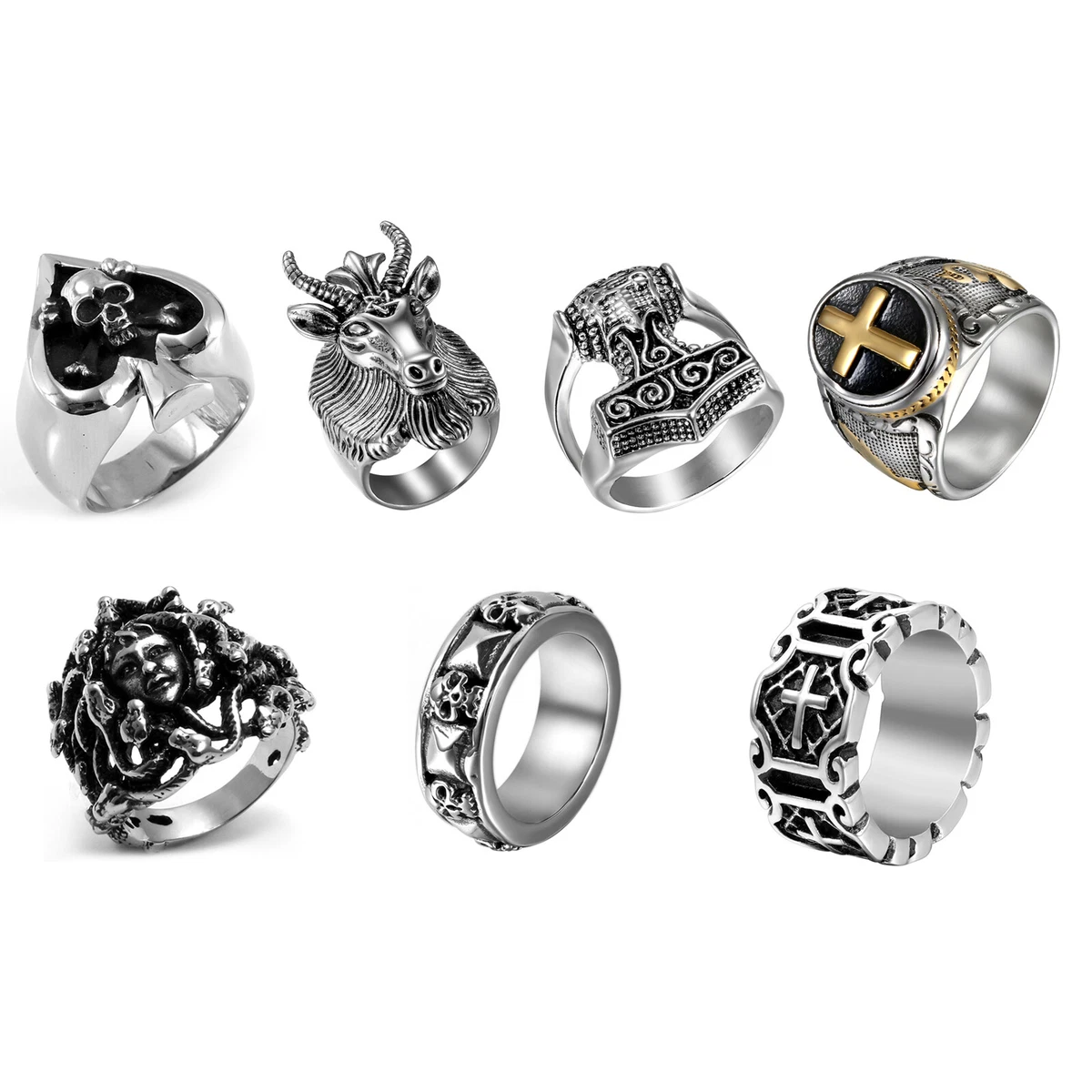 Heavy 316L Stainless Steel Mens Skull Cross Gothic Punk Biker Ring