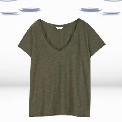 Ex Hush Women s Short Sleeve Slim V-Neck T-Shirt in Khaki Green