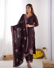 Bollywood Style Wine Chinnon Silk Salwar Kameez And Dupatta For Women