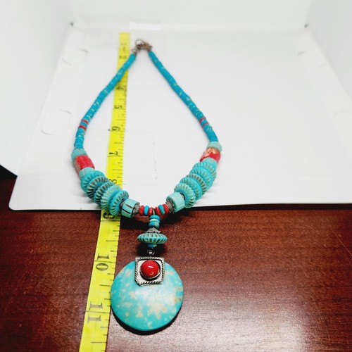 Vintage Heishi Perlen Halsband Halskette Faux Türkis Blau Scheibe Rot Koralle Südwesten  - Bild 6 von 6