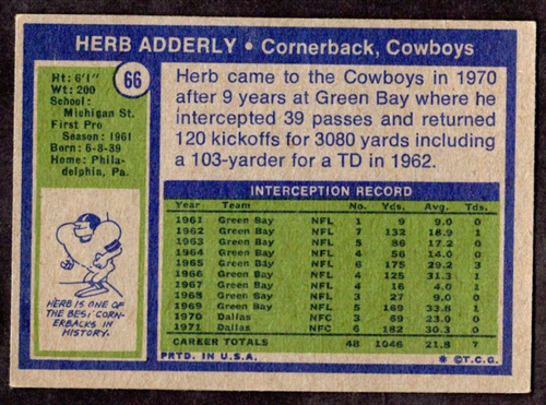 1972 Topps #66 Herb Adderley VG-EX - Picture 2 of 2