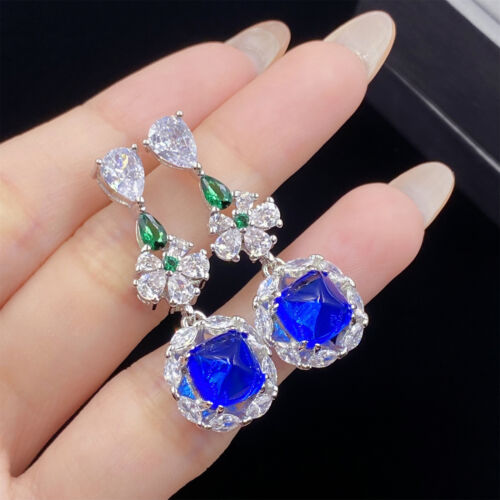 Wedding Party Jewelry Sugar Tower Blue Topaz Gems Women Silver Dangle Earring - Picture 3 of 6