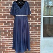 JJ's House maxi dress navy blue V-neckline flutter sleeves beaded belt 14 NEW