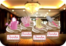 Gardening Tools Pink Mix - 12 PREMIUM STAND UP Edible Cake Topper Wafer Ladies
