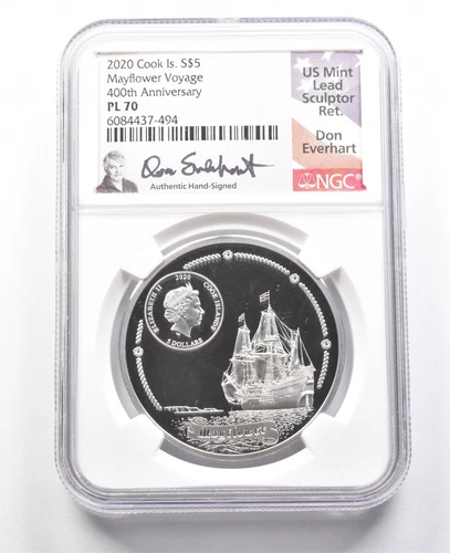 2020 Cook Islands $5 Silver Mayflower Voyage 400th Anniv Everhart PL70 NGC *2308