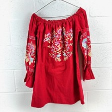 Free People Red Fleur Du Jour Embroidered Mini Off the Shoulder Dress Sz S
