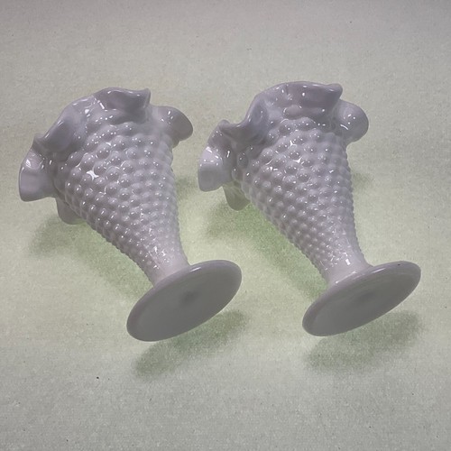 Fenton Milk Glass Hobnail 4" Double Crimped Footed Vases - Pair - Picture 4 of 4
