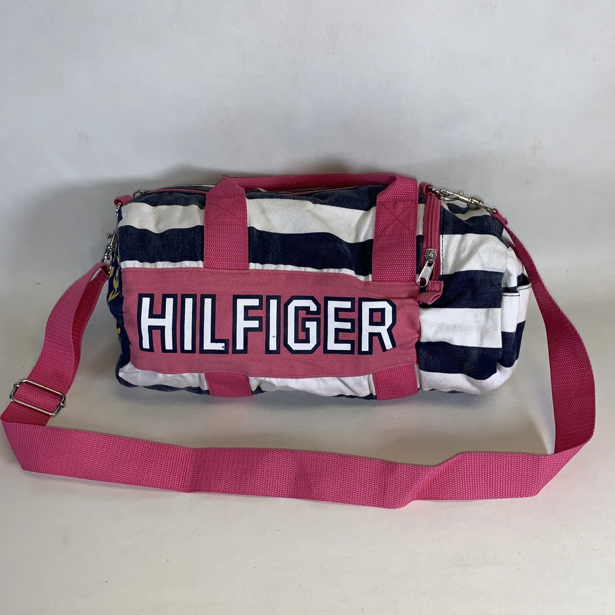 Vtg TOMMY HILFIGER mini duffle bag navy blue W/pink &amp; Crest *READ*Flaw* | eBay