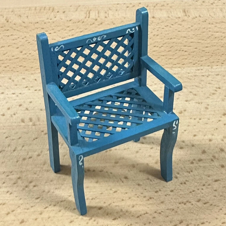 Artisan Dollhouse Miniature Kitchen Chair Patio Blue Hand Painted Signed Lattice - Image 2 of 4